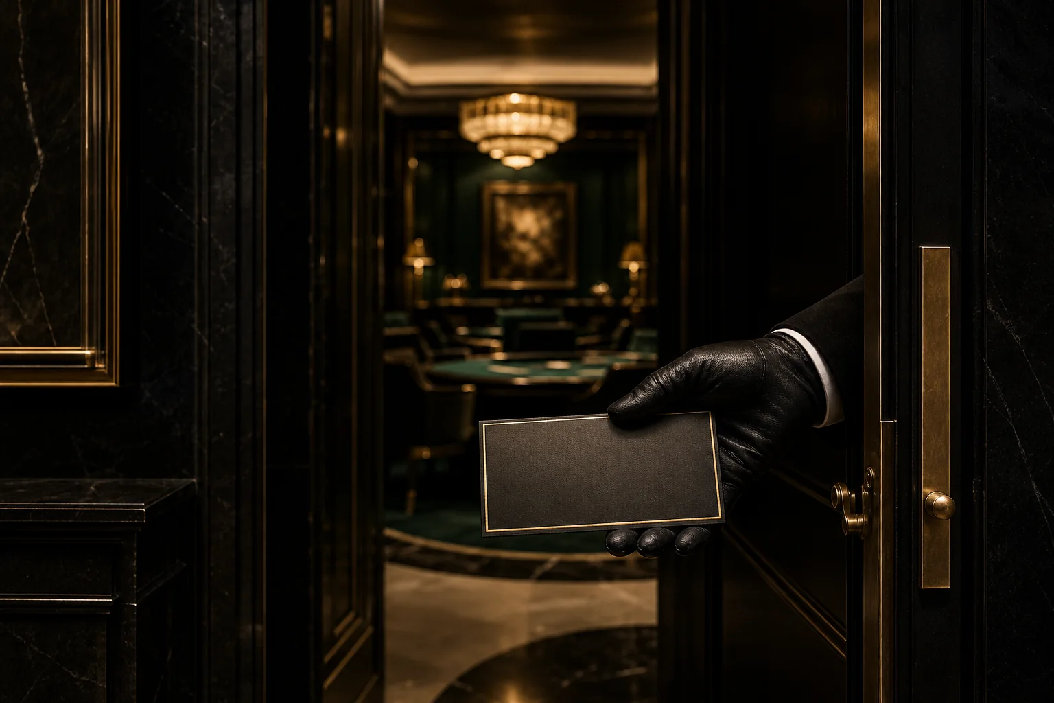 A concierge presenting a private invitation at the entrance to an exclusive gaming house