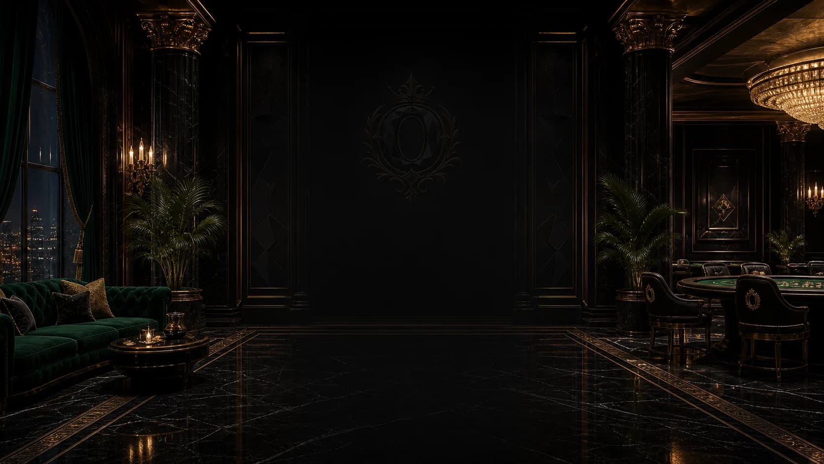 Obsidian’s existing illustrated private salon with black felt, green upholstery and gold details